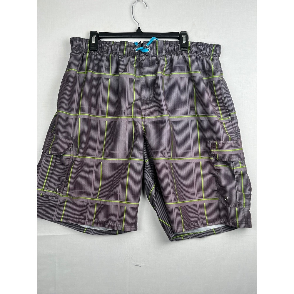 Canyon Creek Mens Board Shorts XXL Gray Lime Green Plaid Cargo Swim Trunks